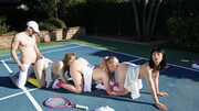 Needy young babes share a dick in outdoor on the tennis court