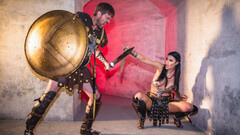 Dominant man in an solider outfit fucking a busty slut