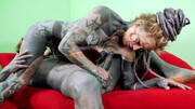 Inked slut shoves monster dick in each of her holes