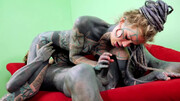 Inked slut shoves monster dick in each of her holes