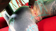 Inked slut shoves monster dick in each of her holes