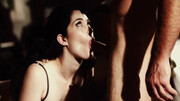 Thin brunette in stockings fucks in a moody vid
