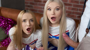 Cheerleaders spin the thick dick in both their succulent pussies