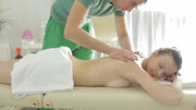 Skinny girl engulfs masseur's huge dick during erotic perversions