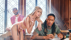 Black studs fuck thin blonde in each of her tiny holes until she falls exhausted