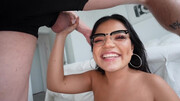 Nerdy girl gags when she blows stepbrother's cock on cam