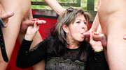 Mature tries heavy sex in public with three younger men