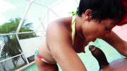 Ebony babes swap partners for erotic blowjob foursome by the pool