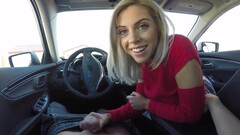 Young blonde sucks dick behind the wheel and strips to fuck