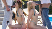Two teen girls with small tits fuck two dudes