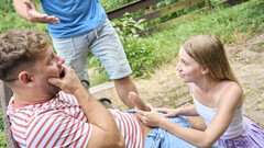 BBQ fuck, MMF style with a small tits hoe